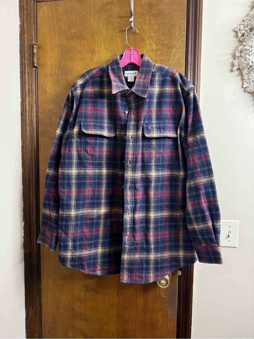 Vintage Carhartt navy and red plaid flannel shirt button up Size L